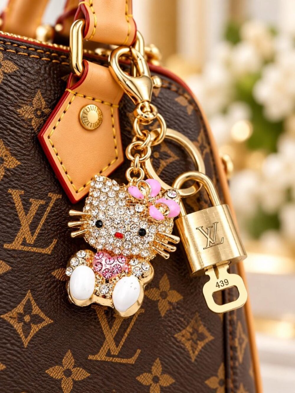 LV Authentic Gold Padlock 🔒 Key Set w/ Unbranded Hello Kitty Keychain Charm